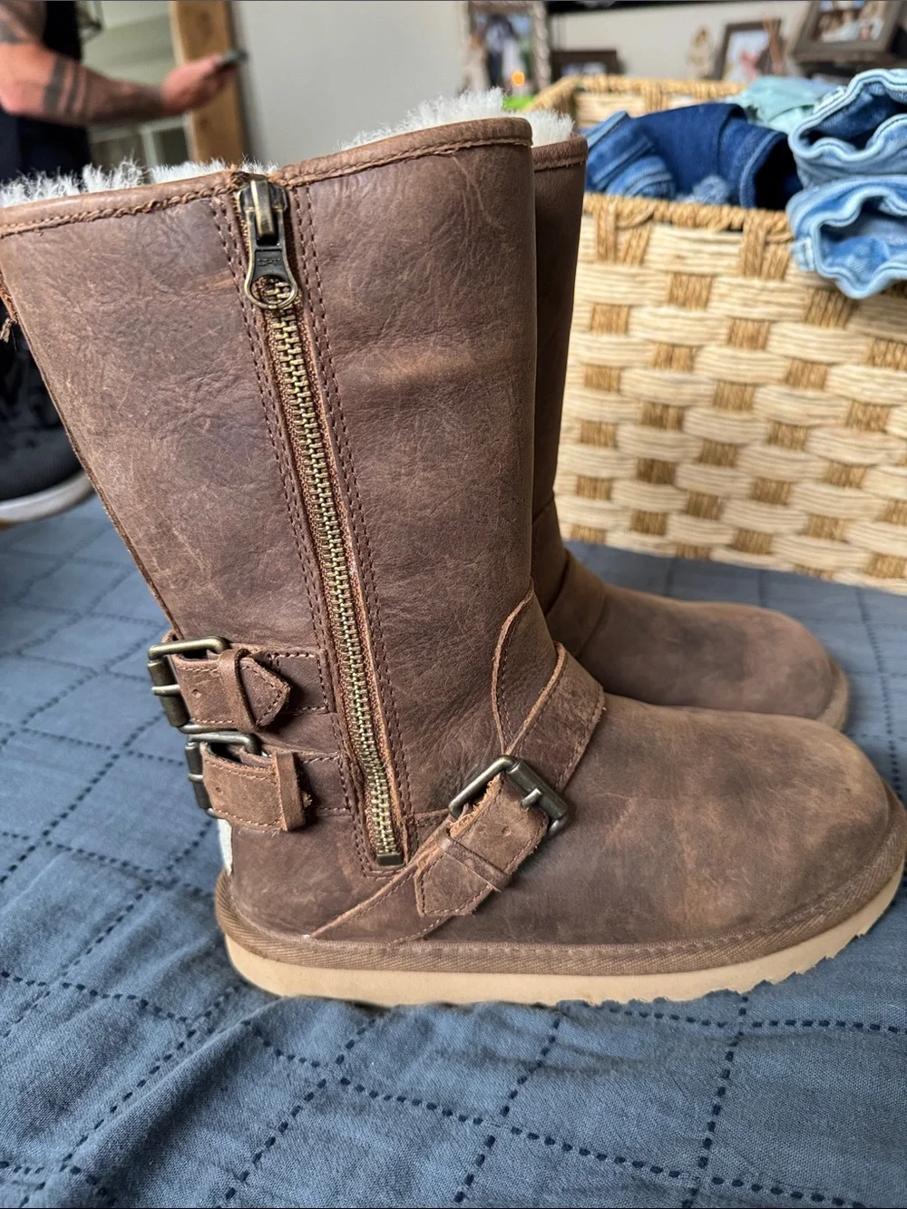 Kids UGG Brown Suede Shearling-Lined Mid-Calf Zip Boots